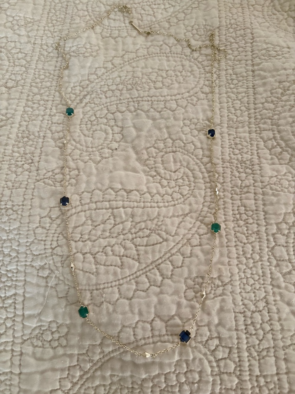 Kendra Scott Gold Long Necklace with Blue and Green Stones